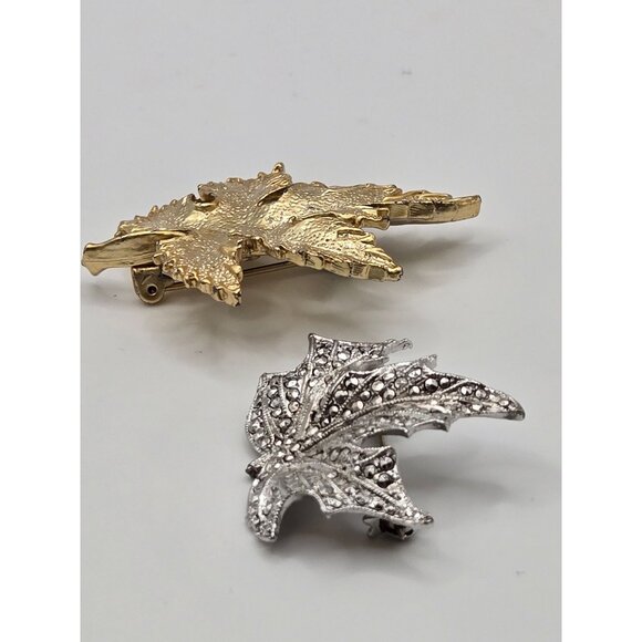 VTG 2PC Brooch Maple Leaf Set Gold Silver Tone Fall Classy Elegant Statement Pin - Picture 9 of 16